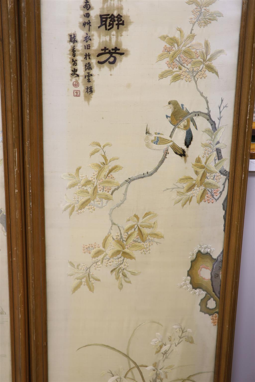 Two Japanese embroidered panels, width 34.5cm height 134cm